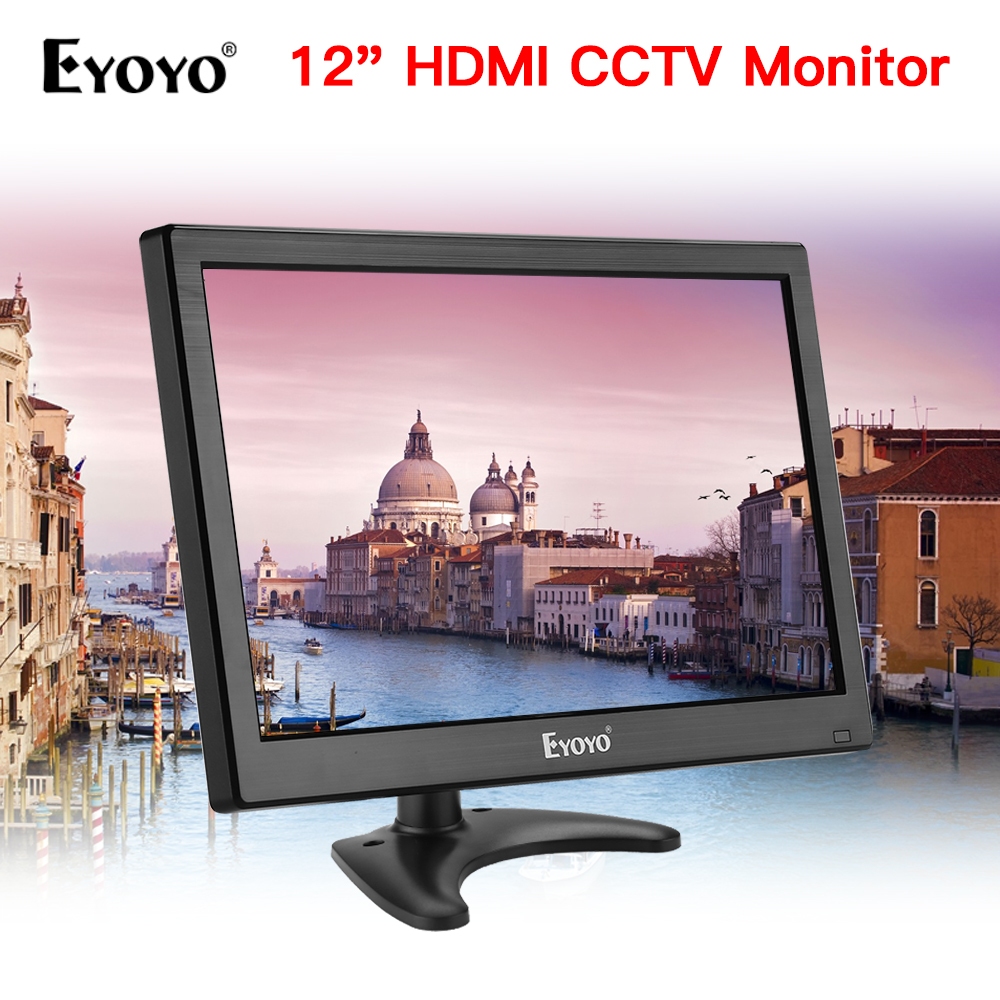 Eyoyo 12 นิ้ว LCD แบบพกพาขนาดเล็ก HDMI Monitor 1366x768 พร้อมอินพุต AV BNC ในตัวลําโพง