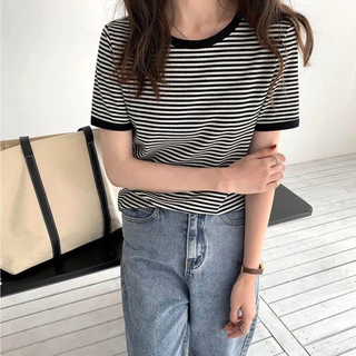 เสื้อยืด คอกลม แขนสั้น ผ้าฝ้าย ลายทาง แฟชั่นฤดูร้อน สําหรับผู้หญิง