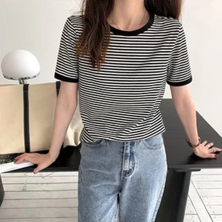 เสื้อยืด คอกลม แขนสั้น ผ้าฝ้าย ลายทาง แฟชั่นฤดูร้อน สําหรับผู้หญิง