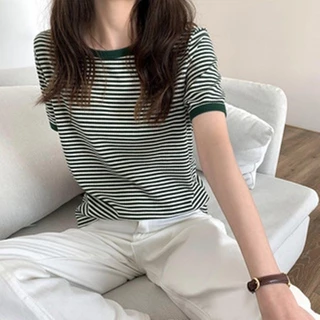 เสื้อยืด คอกลม แขนสั้น ผ้าฝ้าย ลายทาง แฟชั่นฤดูร้อน สําหรับผู้หญิง