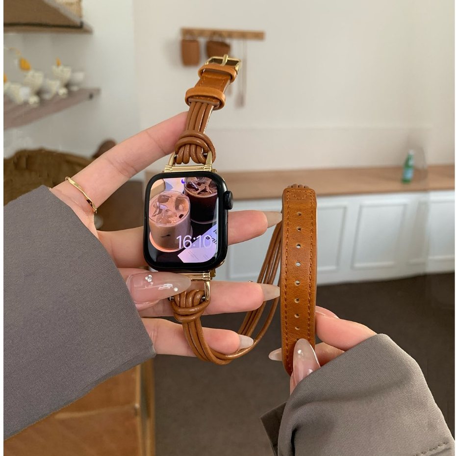 ใหม่สายหนังวงกลมคู่เหมาะสำหรับ Apple Watch Series 9 8 7 6 SE 5 4 สายหนังแท้ Ultra 1/2 49 มม.45 มม.44 มม.41 มม.40 มม.Smart Watch อุปกรณ์เสริม