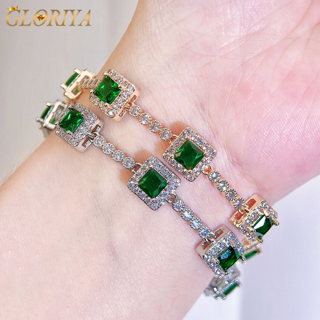 GLORIYA สวยสีเขียว Cubic Zirconia คริสตัลเงิน Gold Plated Square Charm Link กําไลข้อมือสําหรับผู้หญิงค็อกเทลชุดราตรีเครื่องประดับ B213