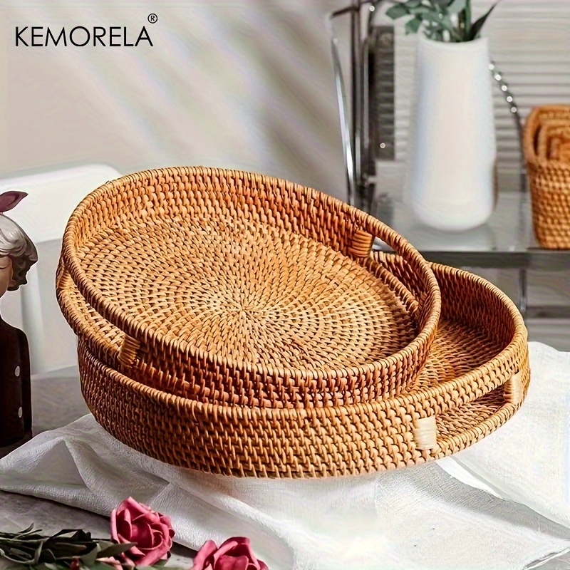 KEMORELA ถาดหวายสานมือ ทรงกลม สร้างสรรค์ สําหรับใส่อาหาร เครื่องดื่ม ชา ของหวาน 1 ชิ้น