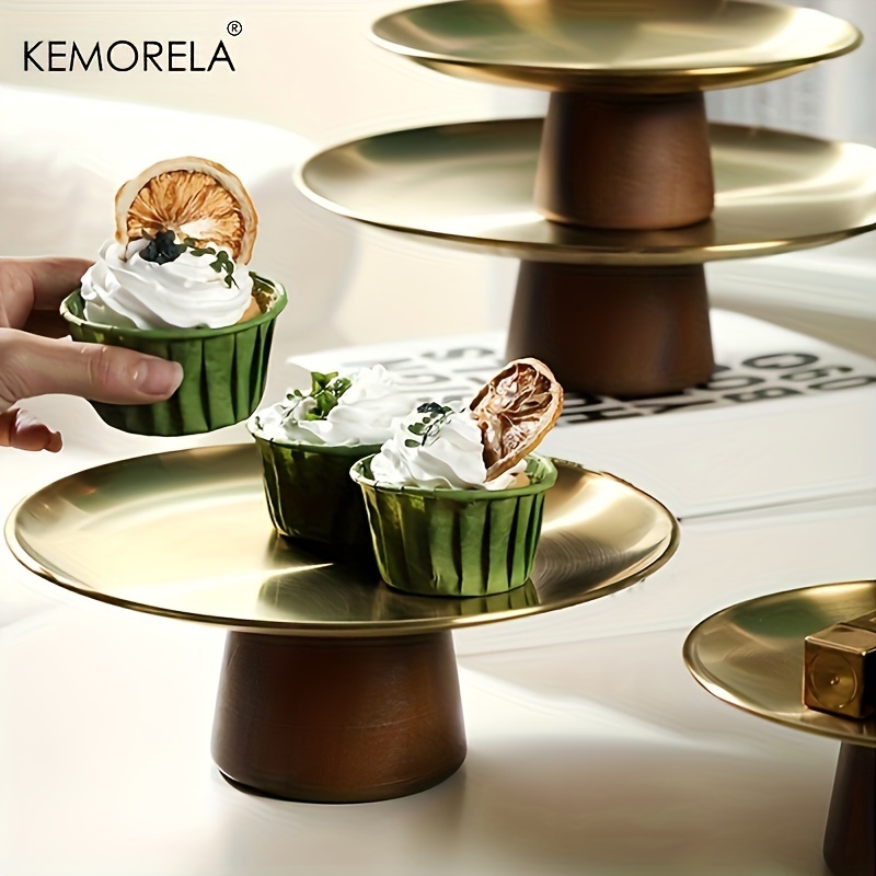 KEMORELA ถาดสเตนเลส ทรงสูง ฐานไม้เนื้อแข็ง สําหรับใส่ขนมเค้ก ผลไม้ ลิปสติก น้ําหอม เหมาะกับร้านอาหาร และบ้าน