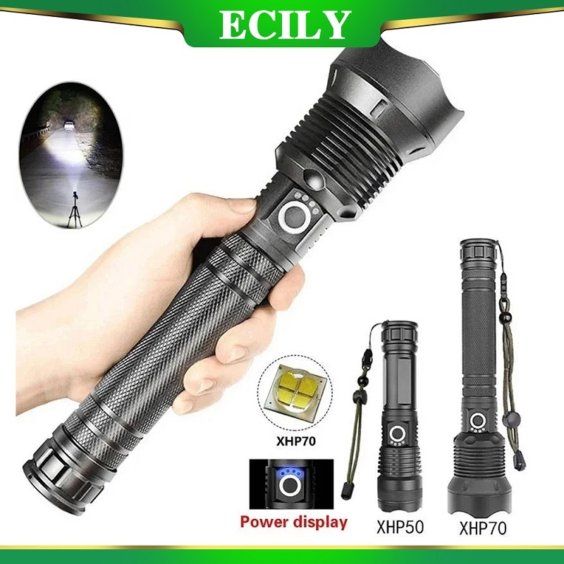 Ecily XHP70 ไฟฉาย LED 26650 ซูมได้ ชาร์จ USB สว่างมาก สําหรับตั้งแคมป์ กลางแจ้ง