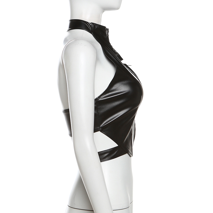 Cutenew เสื้อกล้ามหนัง Pu ผู้หญิง 2024 ฤดูร้อนสีดํา Y2K Streetwear ซิปเสื้อกั๊กเปลือย - รูปที่ 5