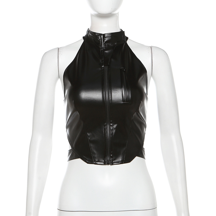 Cutenew เสื้อกล้ามหนัง Pu ผู้หญิง 2024 ฤดูร้อนสีดํา Y2K Streetwear ซิปเสื้อกั๊กเปลือย - รูปที่ 4