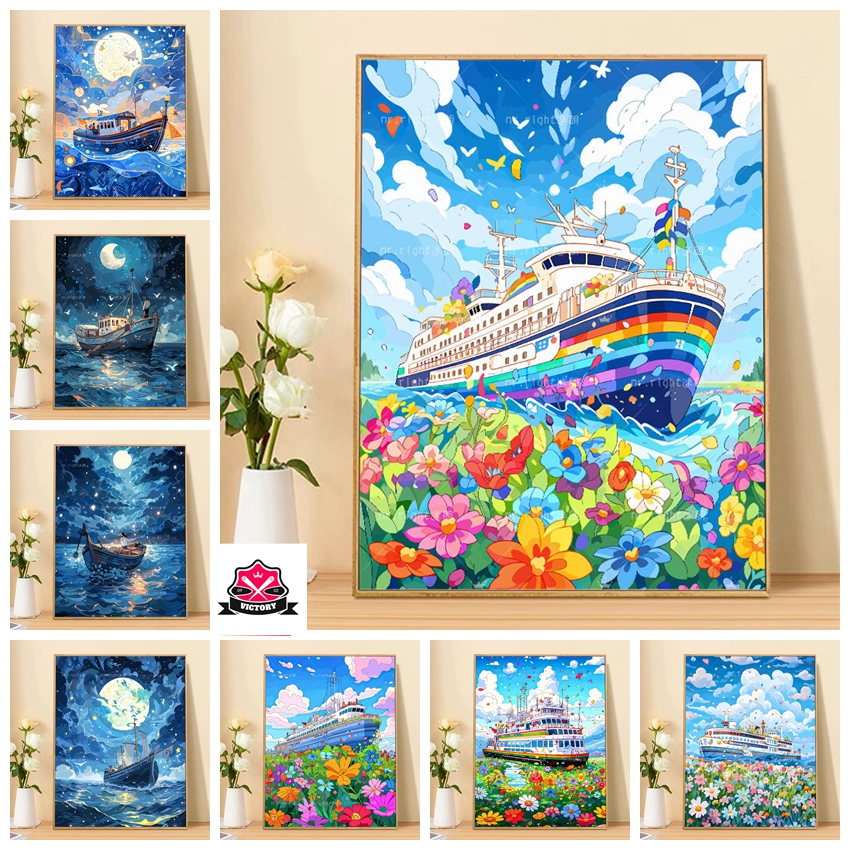 Victory✨-30*40cm/40*50cm-ระบายสีตามตัวเลขจีน--ระบายสีตามตัวเลข-Sea Fantasy Ship ภาพวาดสีน้ํามันดิจิท