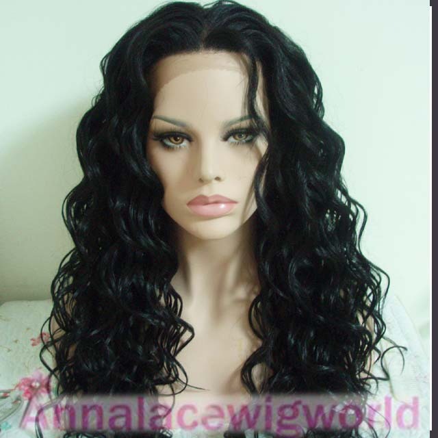 สไตล์คลื่นน้ําสังเคราะห์ สีดํา LACE FRONT WIG