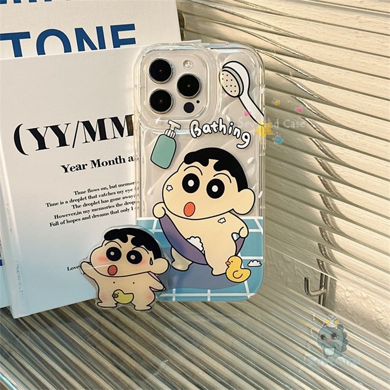 เคสโทรศัพท์มือถือแบบนิ่ม ลายการ์ตูนชินจัง พร้อมที่จับ สําหรับ iPhone 15 14 13 12 11 Pro Max X XR Xs Max 8 7 Plus SE 2020
