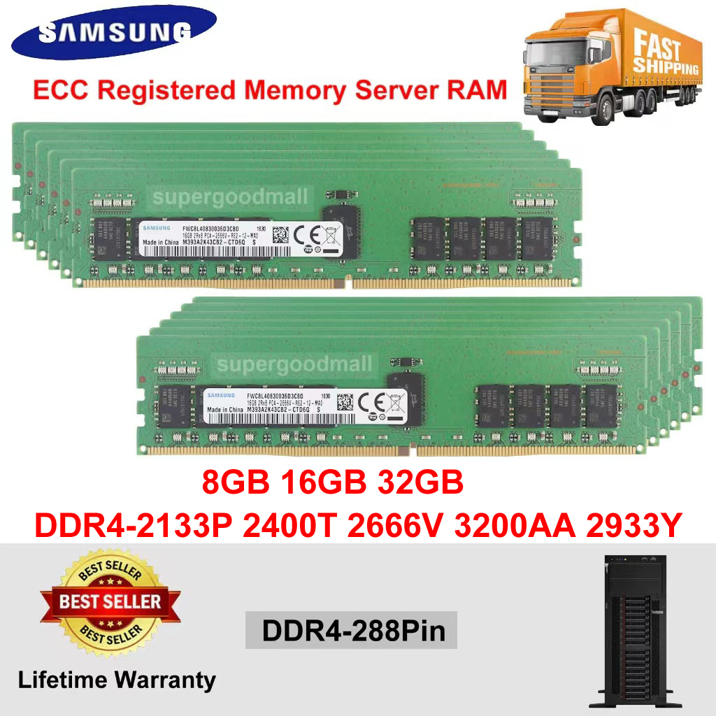 Samsung หน่วยความจําเซิร์ฟเวอร์ สําหรับ 8GB 16GB 32GB PC4-2133P 2400T 2666V 3200AA 2933Y DDR4-2133MHz 2400MHz 2666MHz 3200MHz 2933MHz 288Pin 1.2V ECC