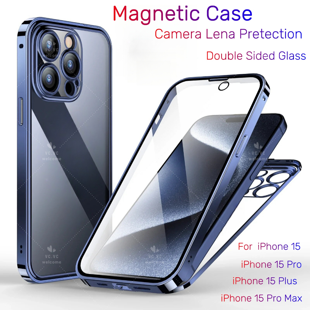 สําหรับ iPhone 15 Pro Max Plus 360°เคสโทรศัพท์มือถือกระจกนิรภัย แบบฝาพับแม่เหล็ก ป้องกันเลนส์ ป้องกันเต็มรูปแบบ สองด้าน