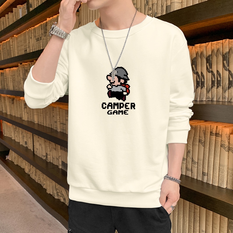 ใหม่ เสื้อยืดแขนยาว คอกลม มีฮู้ด ทรงหลวม สไตล์เกาหลี แฟชั่นฤดูใบไม้ร่วง และฤดูใบไม้ผลิ สําหรับผู้ชาย