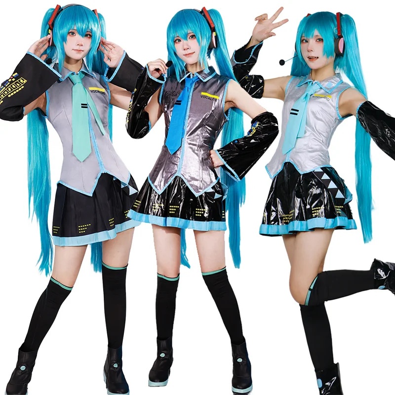 Miku คอสเพลย์ชุดเงินสีเทาสิทธิบัตรหนังผ้าชุด Miku คอสเพลย์ Headwear เครื่องแต่งกาย JK ชุดคอสเพลย์