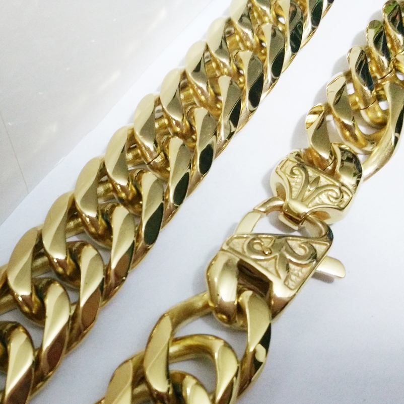 สร้อยคอ สร้อยข้อมือ สเตนเลส 316L สีทอง 18K 7-30 นิ้ว 13/16 มม. ของขวัญ สําหรับผู้ชาย