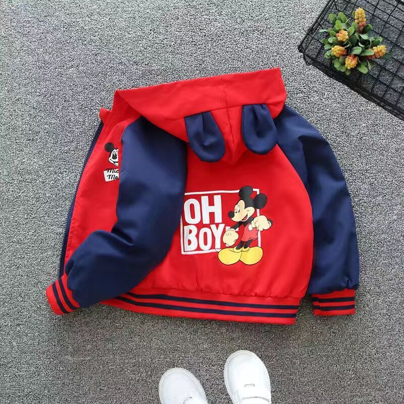 เสื้อแจ็กเก็ตกีฬาลําลอง มีฮู้ด แบบบาง แต่งซิป ลายการ์ตูนมิกกี้เมาส์ แฟชั่นฤดูใบไม้ผลิ และฤดูใบไม้ร่วง สําหรับเด็กผู้ชาย อายุ 9 เดือน - 6 ปี