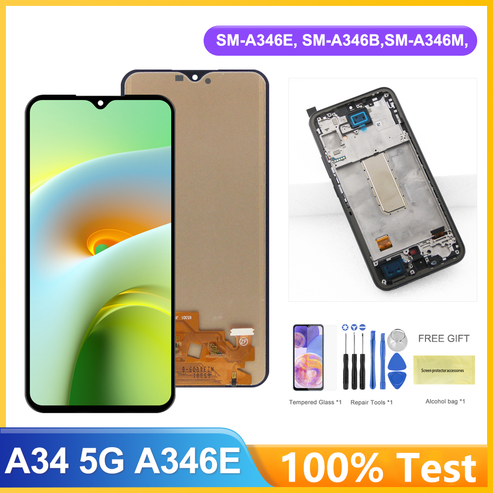 OLED สําหรับ Samsung Galaxy A34 A346E จอแสดงผล LCD Touch กรอบสําหรับ A34 5G SM-A346B A346B/DS A346M 