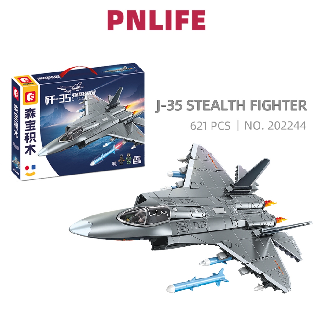 Pnlife ชุดทหาร J-35 เครื่องบินรบ แบบประกอบ ของเล่นสําหรับเด็ก (202244- 621 ชิ้น) อิฐเฮลิคอปเตอร์
