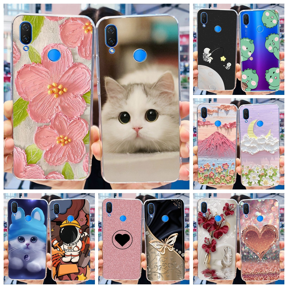 เคสโทรศัพท์มือถือ ซิลิโคนนิ่ม TPU พิมพ์ลายแมว ดอกไม้น่ารัก สําหรับ Huawei Nova 3i Nova3i INE-LX1 INE-LX2
