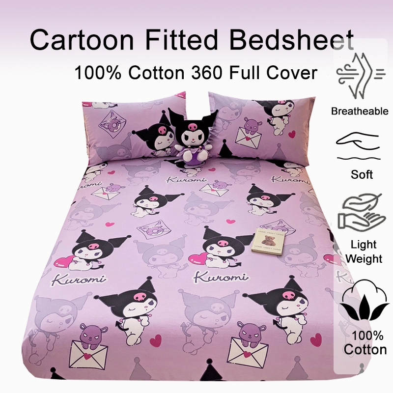 Sanrio ผ้าปูที่นอน ผ้าฝ้าย 100% แบบนิ่ม ลาย Hello Kitty Kuromi Cinnamoroll 800TC ผ้าปูที่นอน 3.5ฟุต 5ฟุต 6ฟุต