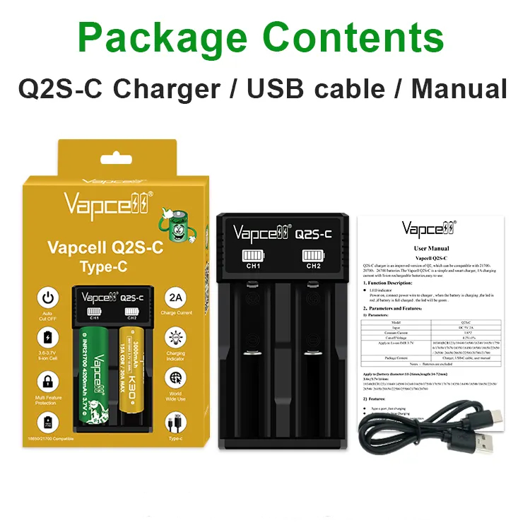 Vapcell Q2S-C ที่ชาร์จแบตเตอรี่ Type C สําหรับแบตเตอรี่ Li-ion IMR 3.7V Li-ion แบบชาร์จไฟได้
