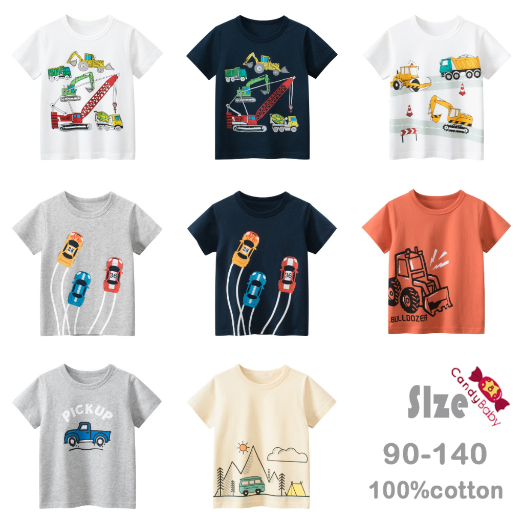 เสื้อยืดแขนสั้น ผ้าฝ้าย ลายการ์ตูนรถบัสน่ารัก แฟชั่นฤดูร้อน สําหรับเด็กผู้ชาย อายุ 1-8 ปี