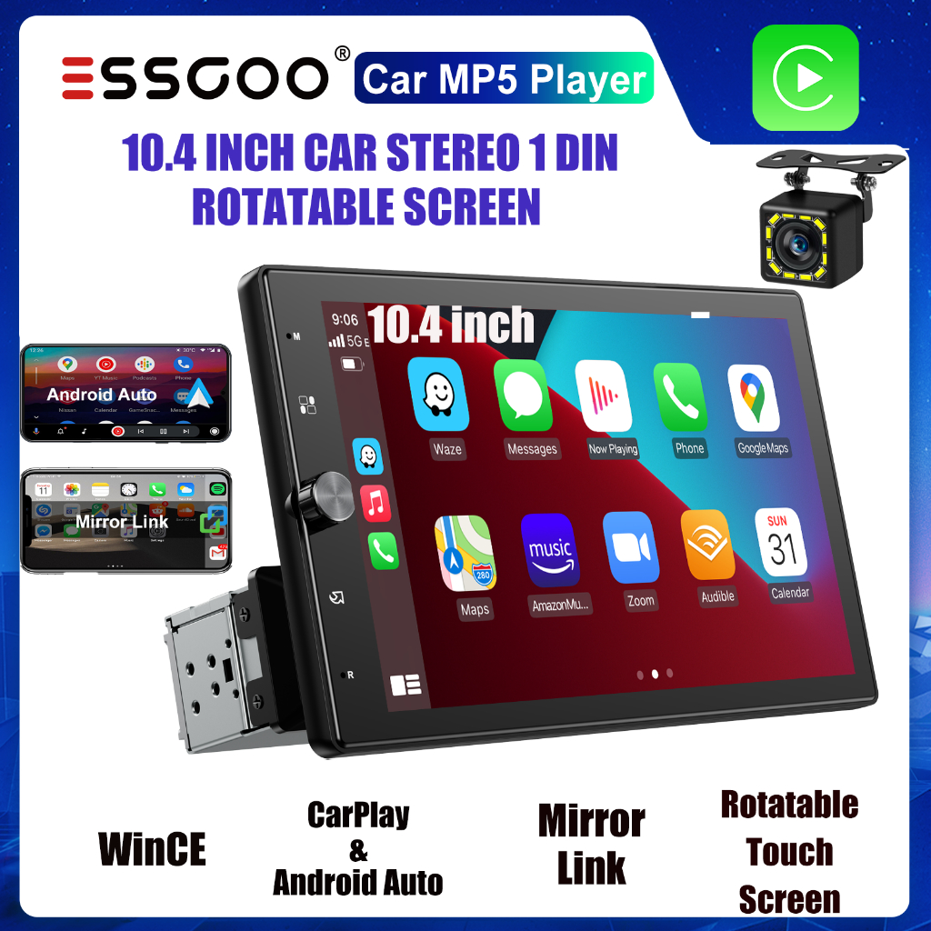 ESSGOO CarPlay Android Auto 1 DIN มัลติมีเดีย MP5 Player 10.4 นิ้วหมุนได้ HD IPS หน้าจอสัมผัสเครื่องเสียงรถยนต์ Mirror Link บลูทูธวิทยุ FM