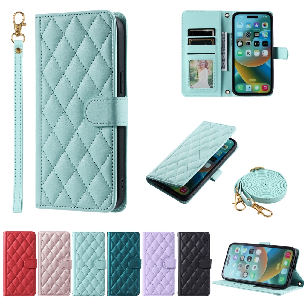 เคสโทรศัพท์มือถือหนัง PU ฝาพับแม่เหล็ก พร้อมช่องใส่บัตร และสายคล้อง หรูหรา สําหรับ iPhone 15 14 Plus 13 12 Pro Max 13 Mini