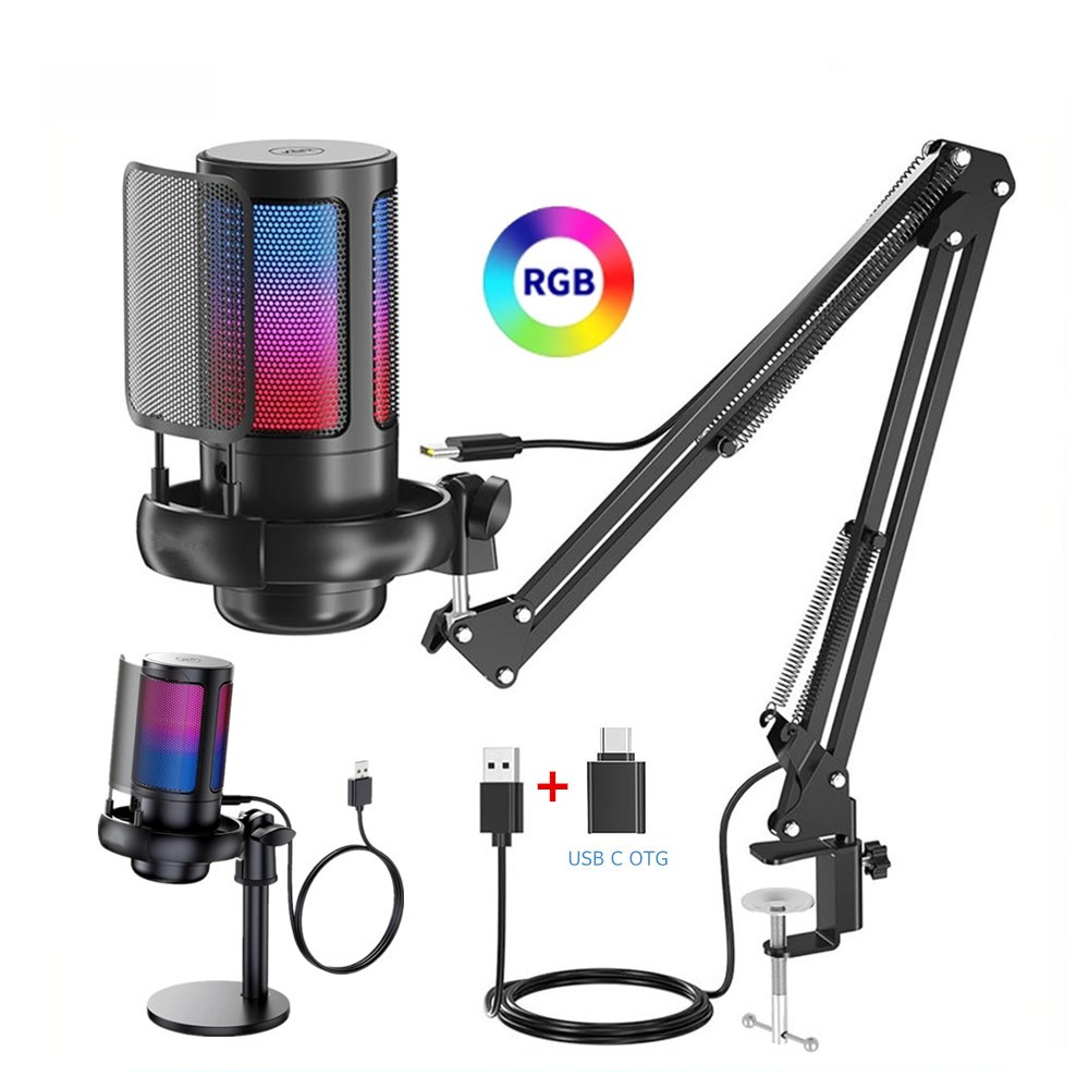Me6s ไมโครโฟนคอนเดนเซอร์ USB แบบมีสาย RGB PC ไมโครโฟนสําหรับเล่นเกมพร้อมแขนบูมสําหรับ Mac/PS4/PS5 พร้อม Touch Mute สําหรับสตรีมมิ่ง Podcasting YouTube