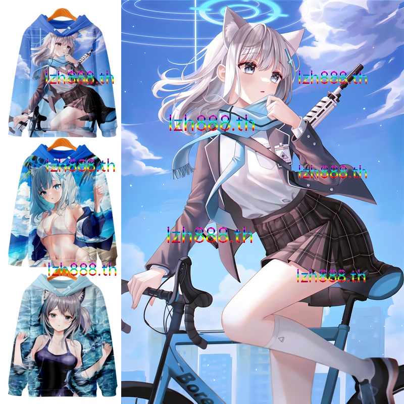 ใหม่ เสื้อกันหนาว เสื้อแจ็กเก็ต แขนยาว มีฮู้ด พิมพ์ลายอนิเมะ Blue Archive Sunaookami Shiroko 3 มิติ 