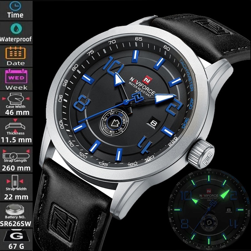 Naviforce ใหม่ นาฬิกาข้อมือควอตซ์ อะนาล็อก สายหนัง เรืองแสง กันน้ํา แสดงปฏิทิน 30 เมตร แฟชั่นสําหรับผู้ชาย