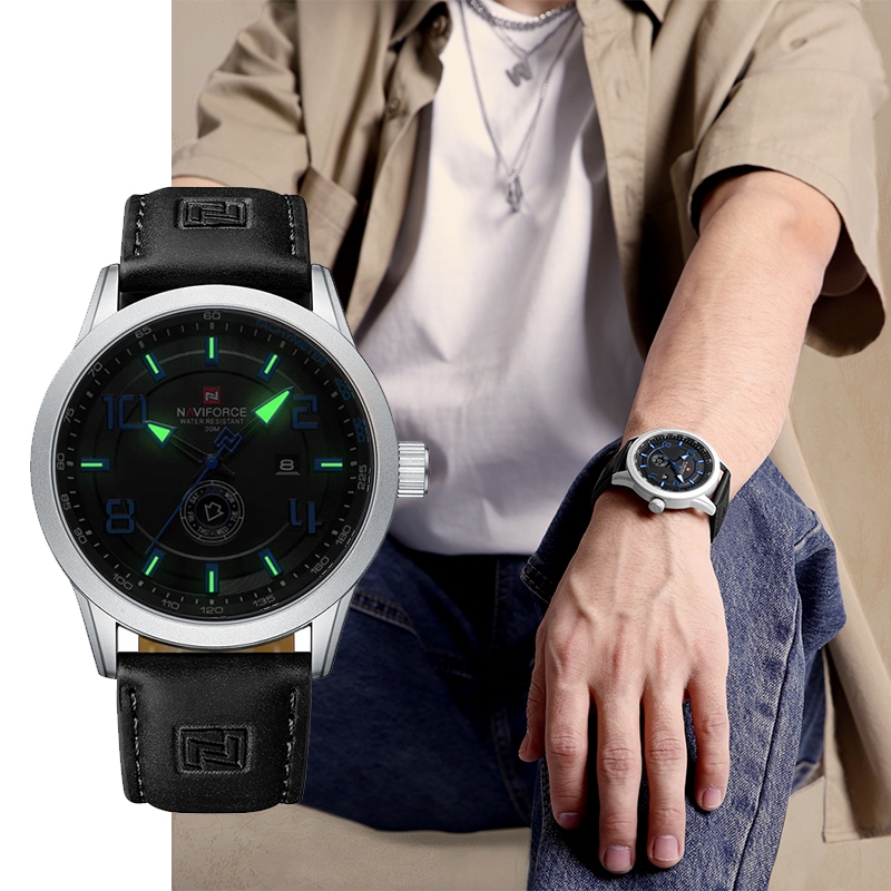 Naviforce ใหม่ นาฬิกาข้อมือควอตซ์ อะนาล็อก สายหนัง เรืองแสง กันน้ํา แสดงปฏิทิน 30 เมตร แฟชั่นสําหรับผู้ชาย