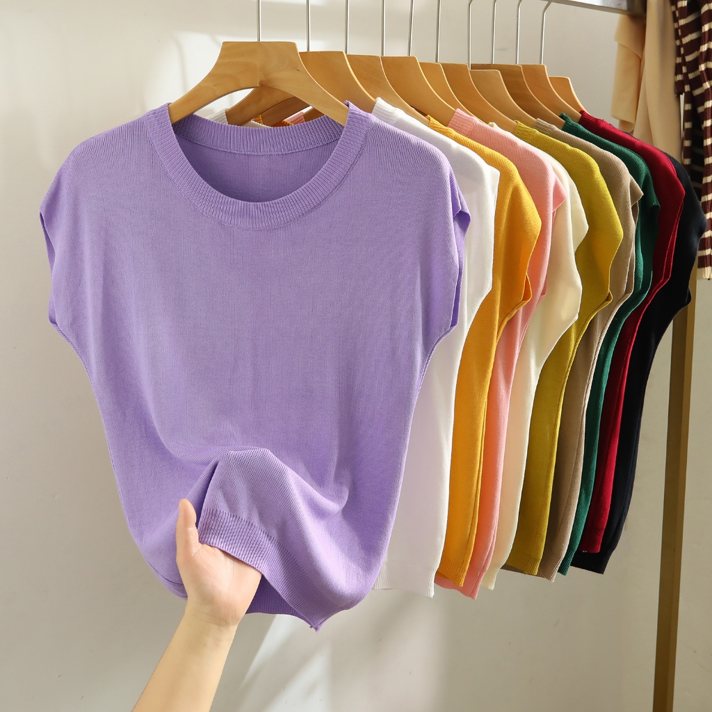 เสื้อกันหนาว คอกลม แขนสั้น ผ้าถัก แบบเข้ารูป เข้ากับทุกการแต่งกาย