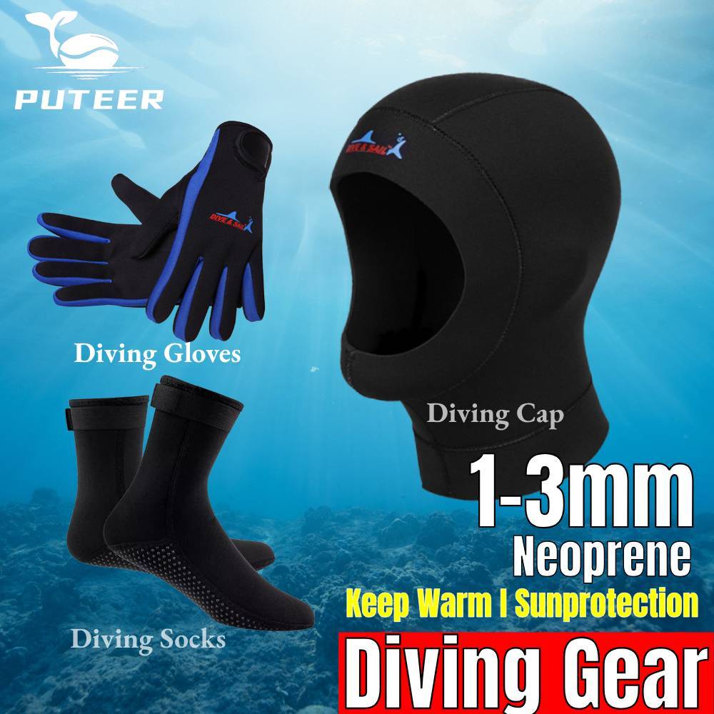 หมวก, หน้ากาก, และถุงมือถุงเท้า Neoprene 3 มม. สำหรับ freediving, spearfishing, และดำน้ำดูปะการัง