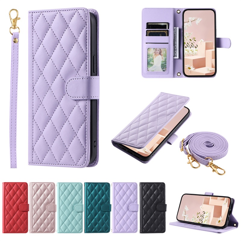 สําหรับ Samsung Galaxy S24 S23 Ultra S23 FE S24 Plus A55 A05 A05S A15 A14 A25 A34 A54 A35 5G / 4G Luxury Flip กระเป ๋ าสตางค ์ หนัง PU ฝาครอบแม ่ เหล ็ กพร ้ อมเชือกเส ้ นเล ็ ก