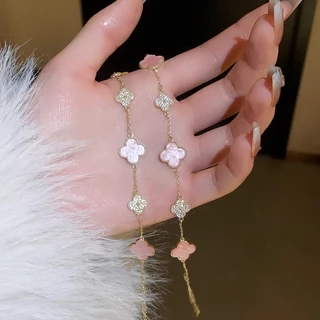 สร้อยข้อมือ ประดับเพทาย รูปใบโคลเวอร์สี่แฉก สวยหรู เหมาะกับของขวัญวันเกิด สไตล์เกาหลี สําหรับผู้หญิง
