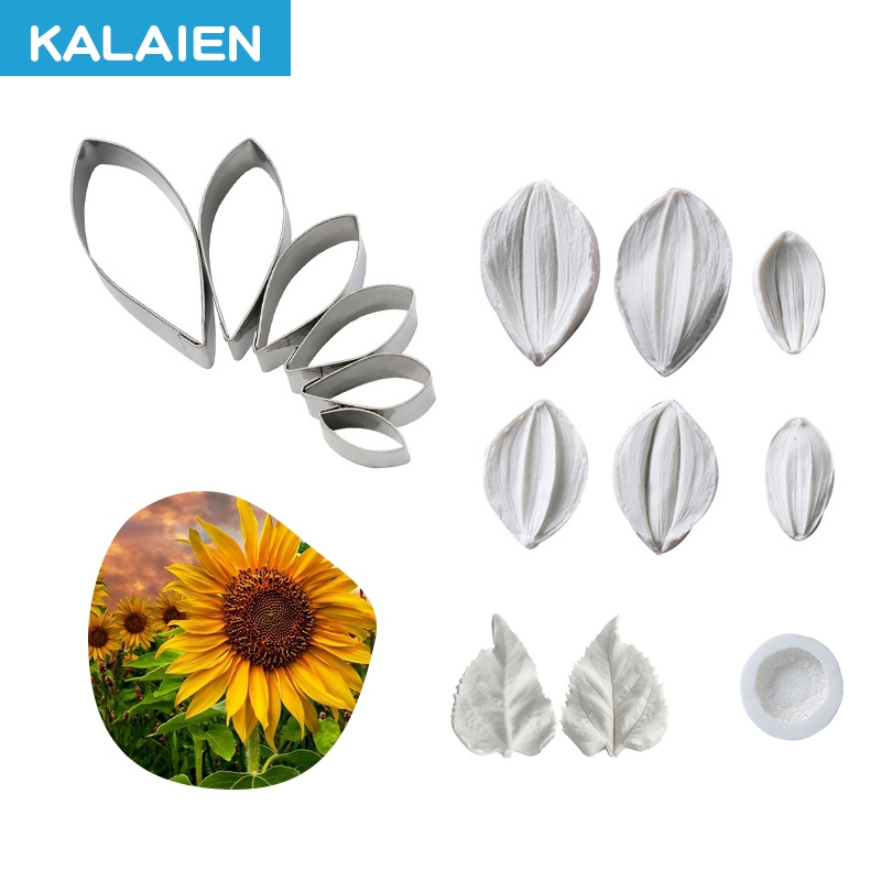 KALAIEN แม่พิมพ์ซิลิโคน รูปดอกทานตะวัน และใบมีด สเตนเลส สําหรับตกแต่งเค้ก 10 ชิ้น