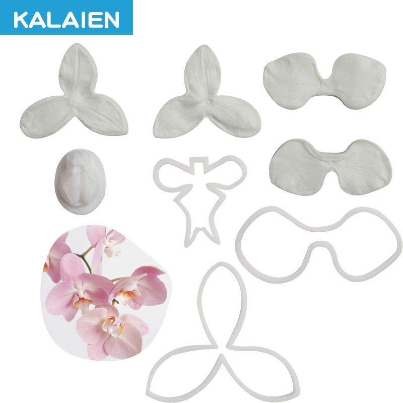 KALAIEN แม่พิมพ์ซิลิโคน รูปกลีบดอกไม้ ผีเสื้อ กล้วยไม้ และใบมีด สเตนเลส สําหรับตกแต่งเค้ก 6 ชิ้น