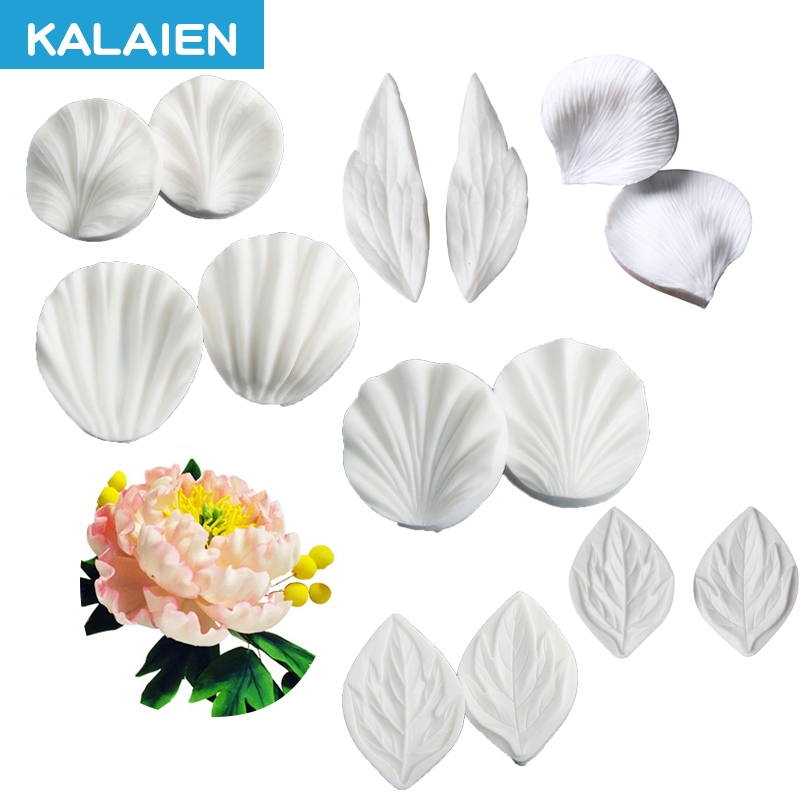 KALAIEN 2 ชิ้น กลีบดอกโบตั๋น & ใบไม้ กด ซิลิโคน แม่พิมพ์ ฟองดองท์ ตกแต่งเค้ก ฟองดองท์ ซิลิโคน เส้นเลือดขอด แม่พิมพ์หมากฝรั่ง วาง เครื่องมือ