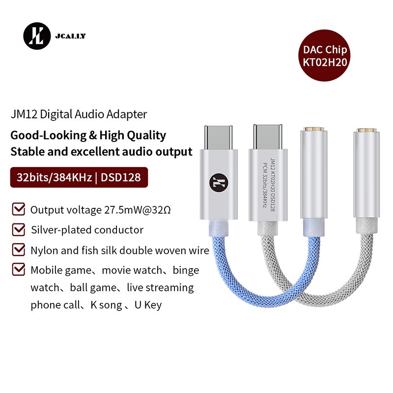 Jcally JM12 DAC KTO2H20 32bits/384KH DSD128 อะแดปเตอร์เสียงดิจิตอลตัวนําชุบเงิน