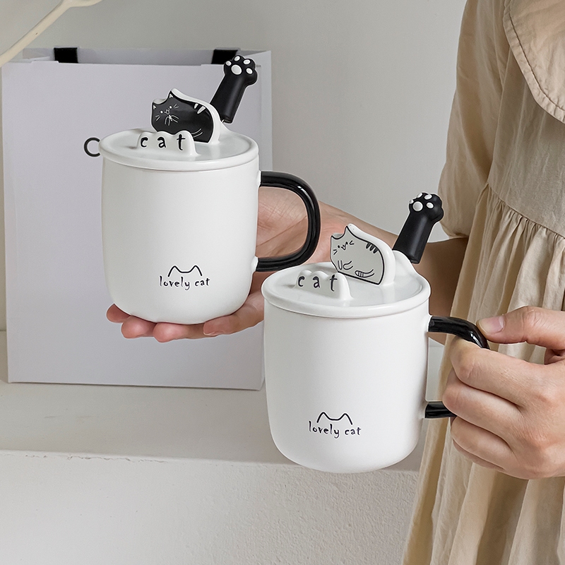 แก้วกาแฟเซรามิค ลายแมว พร้อมฝาปิด และช้อน เหมาะกับของขวัญ สําหรับสํานักงาน