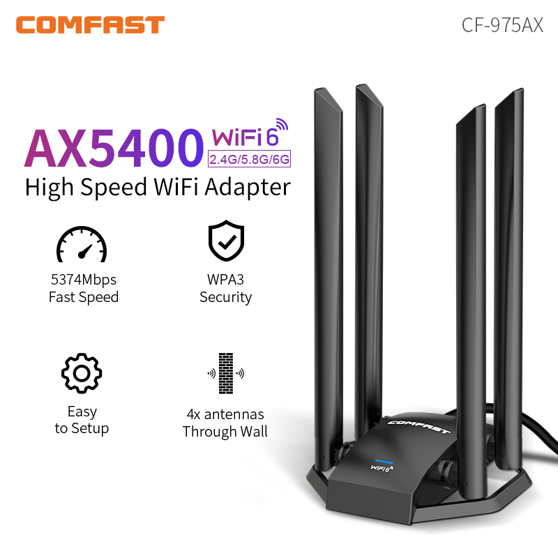 อะแดปเตอร์รับสัญญาณไวไฟเล่นเกม 5374Mbps USB Wifi6 AX5400 4*5dBi สําหรับ Win10 11 PC CF-975AX
