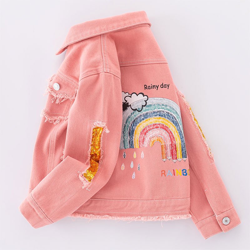 เสื้อแจ็กเก็ตยีน ประดับเลื่อม สีชมพู สีรุ้ง แฟชั่นฤดูใบไม้ผลิ และฤดูใบไม้ร่วง สําหรับเด็กผู้หญิง 5-12 ปี