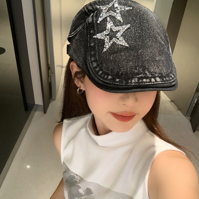 หมวกเบเร่ต์ยีน ลายดาว เข้ากับทุกการแต่งกาย สไตล์ญี่ปุ่น เรโทร แฟชั่นฤดูใบไม้ผลิ และฤดูใบไม้ร่วง สําหรับผู้หญิง