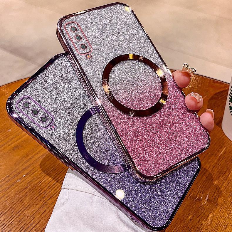 เคส Samsung A7 2018 A50 A70 A30S A50S A750 เคสโทรศัพท์ ชุบกลิตเตอร์ พร้อมตัวดูดแม่เหล็ก และเลนส์กันตก เพื่อการปกปิดเต็มรูปแบบ