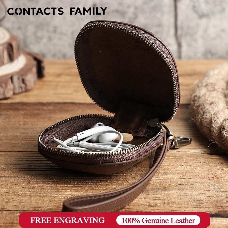 CONTACT'S FAMILY กระเป๋าหนังวัวแท้ มีซิป แบบพกพา สําหรับจัดเก็บหูฟัง สายเคเบิ้ล USB