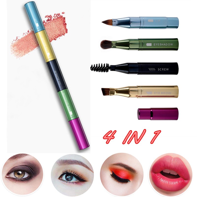 4 in 1 มัลติฟังก์ชั่น แปรงแต่งหน้า แบบพกพา แปรงลิป แปรงอายแชโดว์ แปรงขนตา แปรงเขียนคิ้ว เครื่องมือแต่งหน้าบนใบหน้า