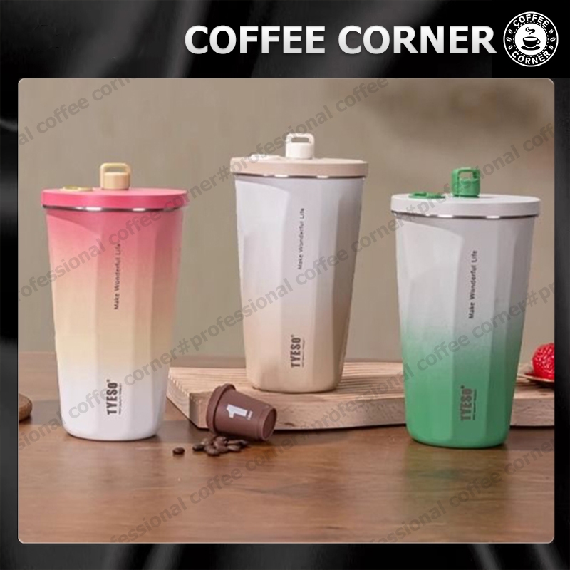 【สินค้าพร้อมส่ง】แก้วเก็บความเย็น TYESO แก้วกาแฟ พร้อมหลอด+แปรง 600ml 20oz สีทูโทน แก้วน้ำ สแตนเลส 304