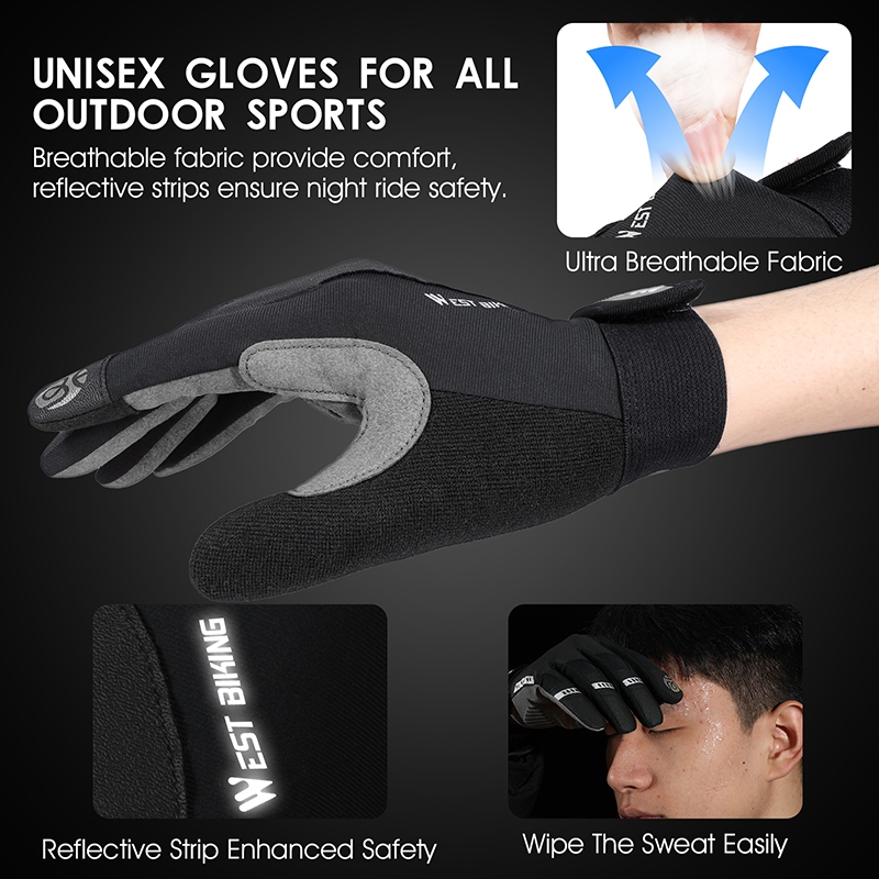 WEST BIKING ถุงมือขี่จักรยานยนต์ หน้าจอสัมผัส ถุงมือขี่จักรยาน แบบเต็มนิ้ว ถุงมือจักรยาน กันลื่น สําหรับผู้ชาย ผู้หญิง