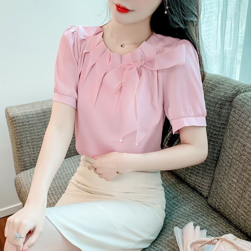 เสื้อเชิ้ตแขนพัฟ ผ้าชีฟอง ประดับโบว์ สีชมพู เข้ากับทุกการแต่งกาย แฟชั่นฤดูใบไม้ผลิ และฤดูร้อน สําหรับผู้หญิง